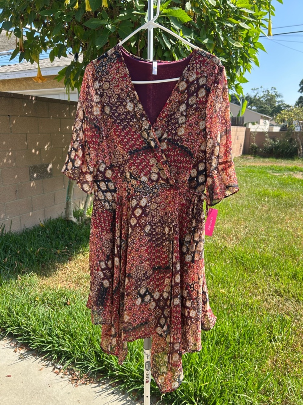 Xhilaration Burgundy Floral Midi Wrap Dress